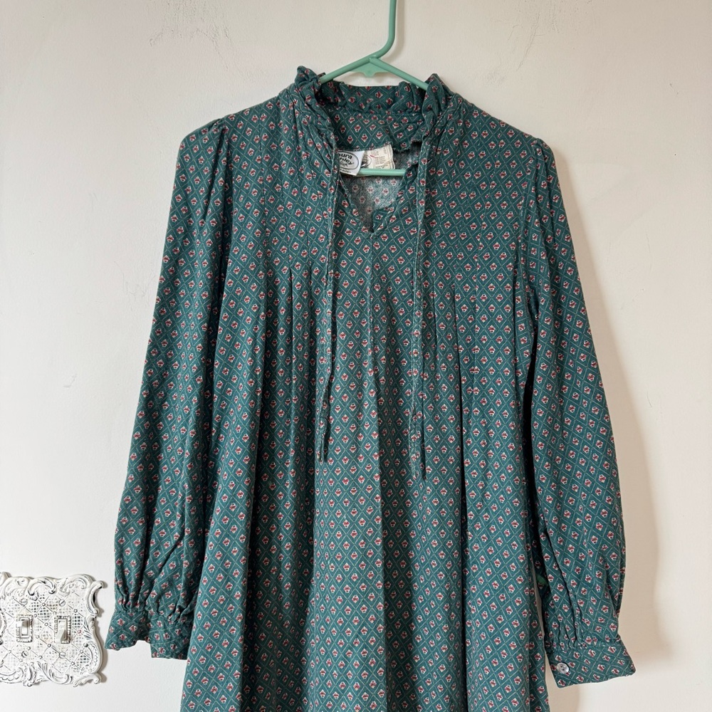Vintage 80s Laura Ashley Flannel Green Patterned Dress Pockets 10 - Picture 2 of 7